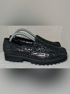 Donald J Pliner Loafers Rio Crocodile Embossed Leather Lug Sole Black Preppy 11‎